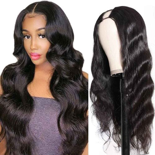 U Part Human Hair Wig Body Wave Drawstring Wig 180% Density U Part Wig Brazilian Virgin Human Hair wigs for Women Full Head Clip in Half Wigs Glueless No Leave Out Lace Front Wig Natural Color 14inch