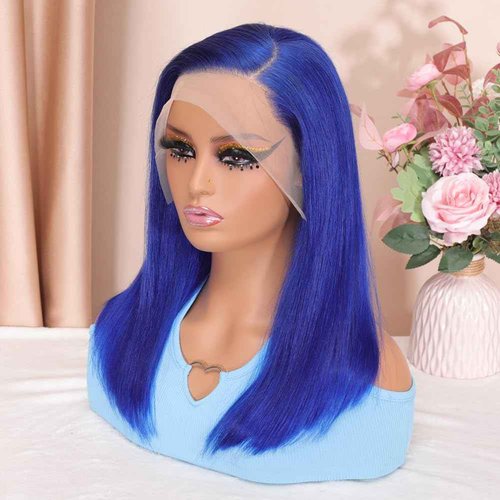 Hihmarm Blue Lace Front Wig Human Hair 13x4 Hd Lace Front Wigs Preplucked 16 Inch Glueless Wig Natural Hair Line 180% Density Straight Human Hair Wigs For Black Women Frontal Wigs Human Hair