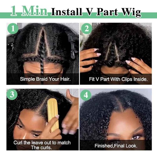 Amznlady Afro Kinky Curly V Part Wig Human Hair Brazilian Virgin Glueless Wig Human Hair for Black Women Upgrade U Part Wigs Kinky Curly Wigs No Leave Out 200% Density Natural Color 20 Inch