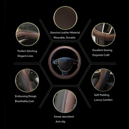 Gomass Car Steering Wheel Cover, Anti-Slip, Safety, Soft, Breathable, Heavy Duty, Thick, Full Surround, Sports Style (Black Brown)