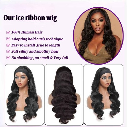 Headband Wigs for Black Women Human Hair Body Wave Head Band Wig 100% Brazilian Raw Human Hair Wear and Go Glueless Half Wigs 150% Density Machine Made Natural Color