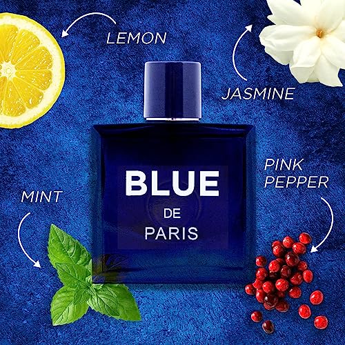 NovoGlow Blue De Paris For Men - 3.4 Fl. Oz. 100ml Men's Perfume Carrying Pouch - Refreshing Combination of Woody Floral & Fruity Scents - Masculine Scent Lasts All Day A Gift for Any Occasion