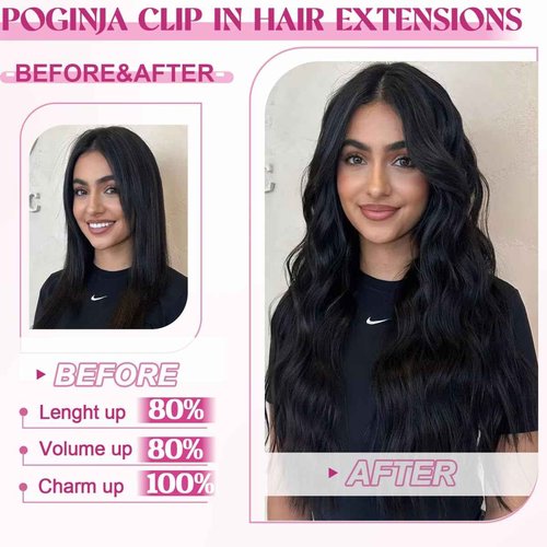 POGINJA Clip in Hair Extensions Real Human Hair, Remy Human Hair Extensions Clip ins for Women, 100% Natural Human Hair, Double Weftm, 24inch 120g 8Pcs, #1 Jet Black