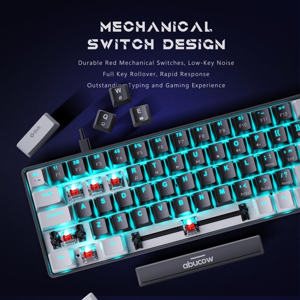 abucow 60% Mechanical Keyboard with Blue Backlight 68-Key Gaming Keyboard Gray-Black Keycaps - Red Switches for a Premium Typing and Gaming Experience PC Mac (Gray-Black)