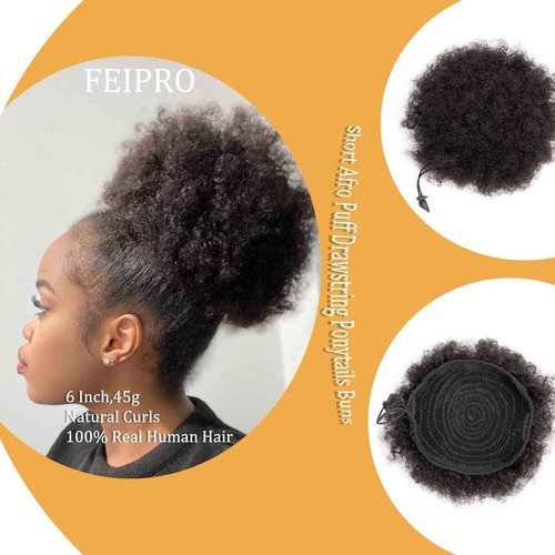 FEIPRO Curly Ponytail Extension for Black Women Real Human Hair Natural Drawstring Ponytails Hair Pieces African American Girls Curly Hair Extensions 16 Inch #1B Natural Black