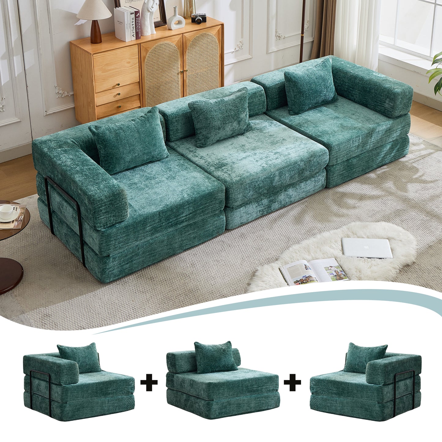 Convertible Floor Sofa Bed - Dark Green Chenille Fabric