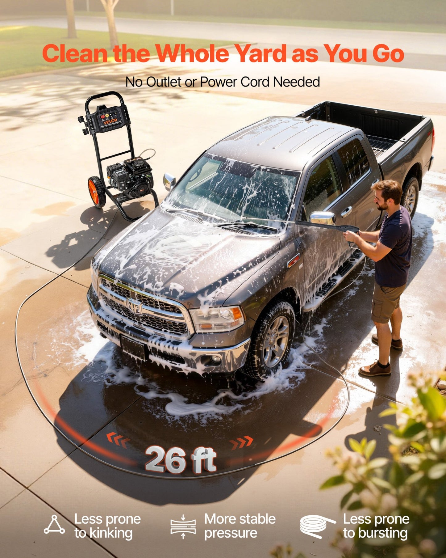 Gas Pressure Washer 2900 PSI 1.85 GPM with Aluminum Pump & 4 Nozzle Set - Gas Powered for Cars & Home Cleaning