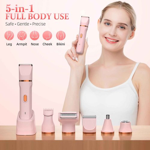 HOHOLE 5-in-1 Bikini Trimmer for Women, IPX7 Waterproof Electric Razors Shaver, Cordless Body Hair Trimmer, Facial & Pubic Hair Removal, Ceramic Blade (Blush)