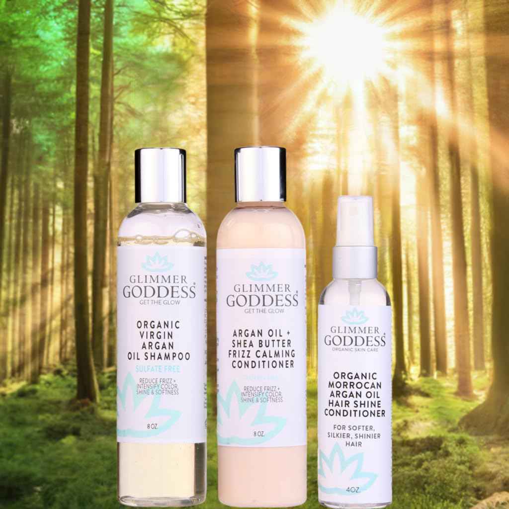 Glimmer Goddess Organic Argan Oil Hair Treatment Trio, Hydrating Shampoo, Deep Conditioner, Hair Shine Spray