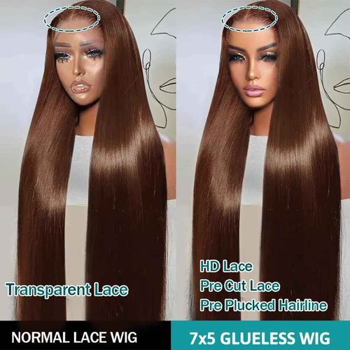 FTQZKEY 28 Inch 7x5 Brown HD Lace Closure Wigs Human Hair 220 Density Wear and Go Glueless Wigs Human Hair Pre Plucked Pre Cut with Bleached Knots Brown Straight Hair for Beginners