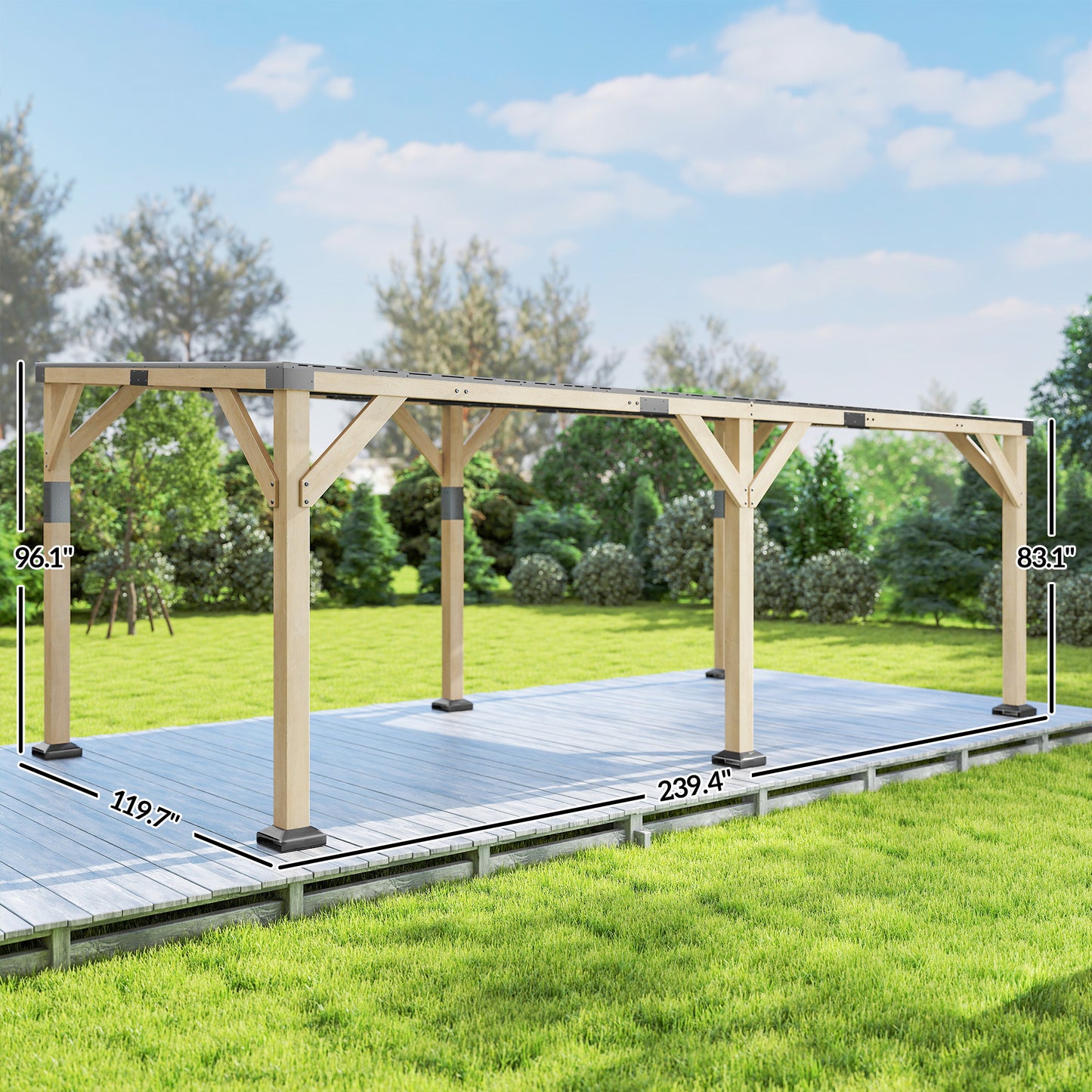20' x 10' Wooden Lean-To Gazebo with Galvanized Steel Roof - Light Walnut