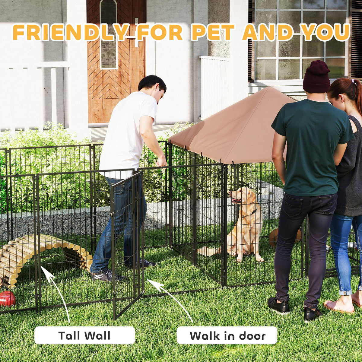 Large Outdoor Dog Kennel with 2 Rooms, Adjustable Bowls & Waterproof Canopy