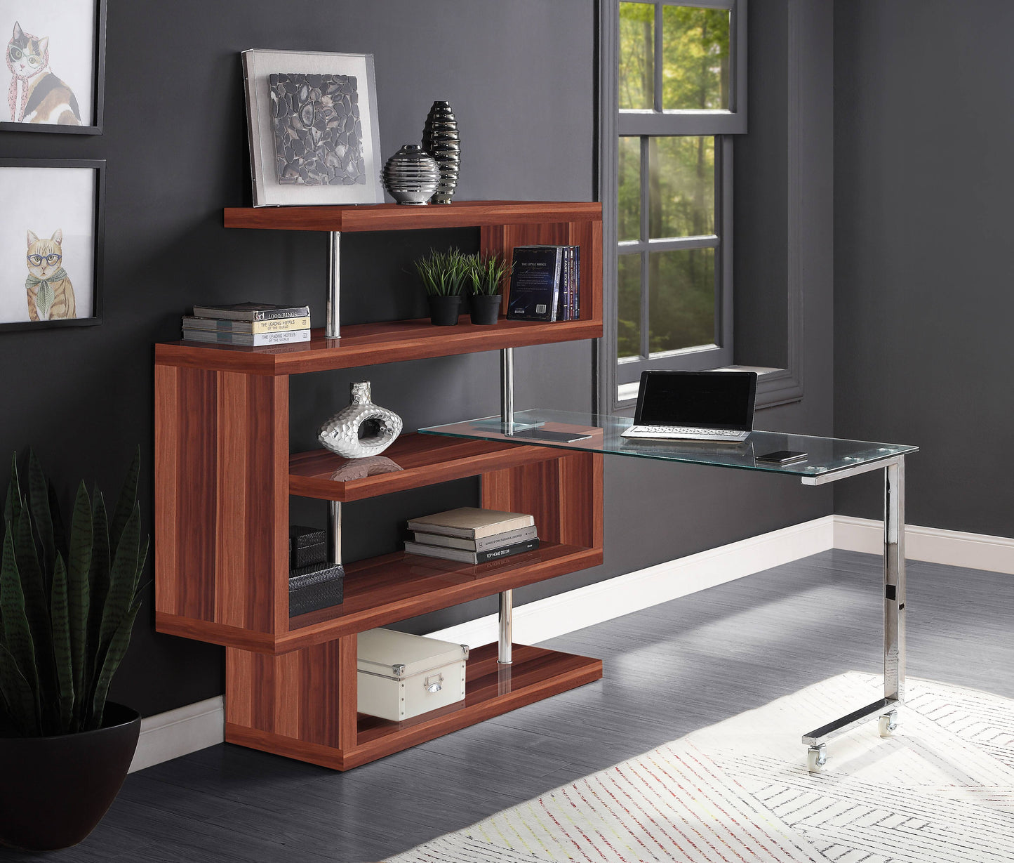 Clear Glass & Chrome Writing Desk with Shelf - Walnut Finish