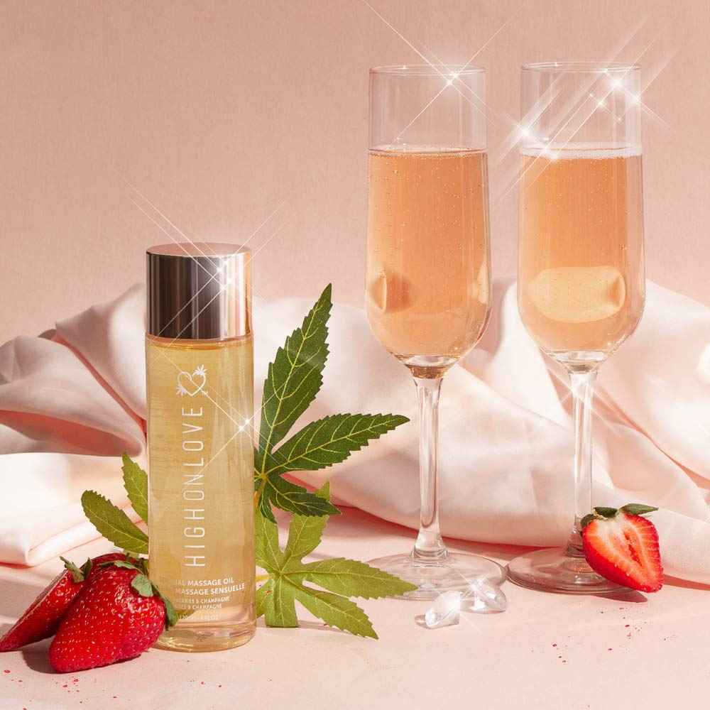 HIGHONLOVE Natural Body Oil with Hemp Seed, Grape Seed, & Vitamin E Oil - Moisturizing Body Glow with a Non-Greasy, Glowy Finish by High On Love (120 ml) (Strawberries & Champagne)