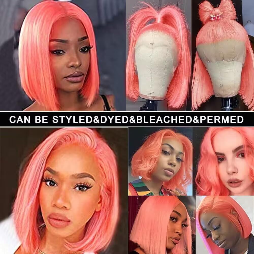 13X4 Straight HD Transparent Pink Bob Lace Front Wigs Human Hair Blunt Cut Bob Wig for Black Women Wear and Go Glueless Pink Bob Wig Human Hair Pre Cut Bob Lace Frontal Wig With Baby Hair 16 Inch