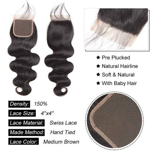 Bundles with Closure Body Wave Hair Weaves(10 12 14+10，Free Part) 4×4 Lace Closure with 3 Bundles 100% Brazilian Virgin Remy Human Hair 150% Density Natural Color for Black Women