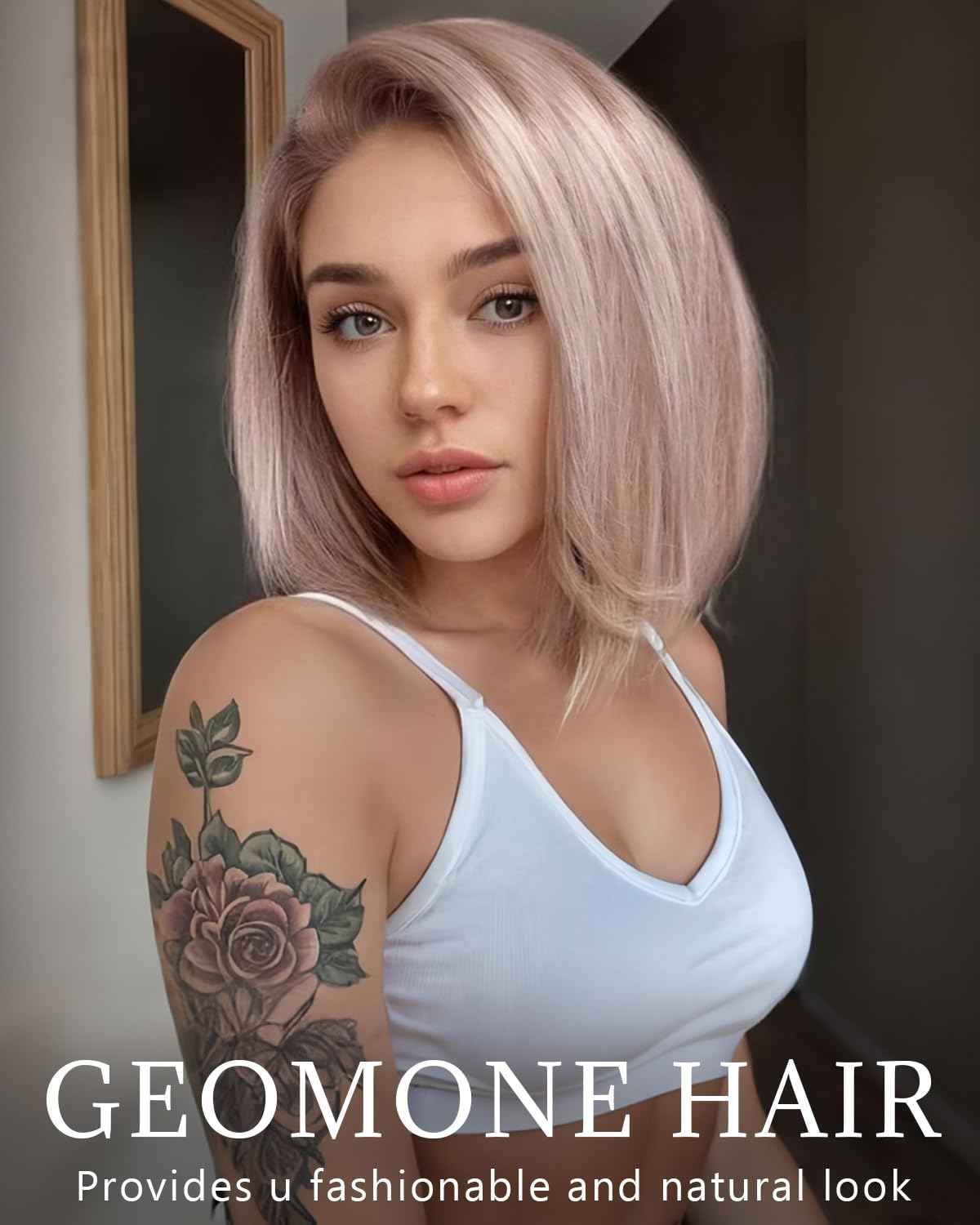 Geomone 10 Inch Ash Blonde Bob Wig Human Hair 180 Density 13x4 HD Lace Fronal Wigs Pre Plucked With Baby Hair Middle Part Ash Blonde Short Straight Colored Bob Wig Natural Look And Beginners Friendly