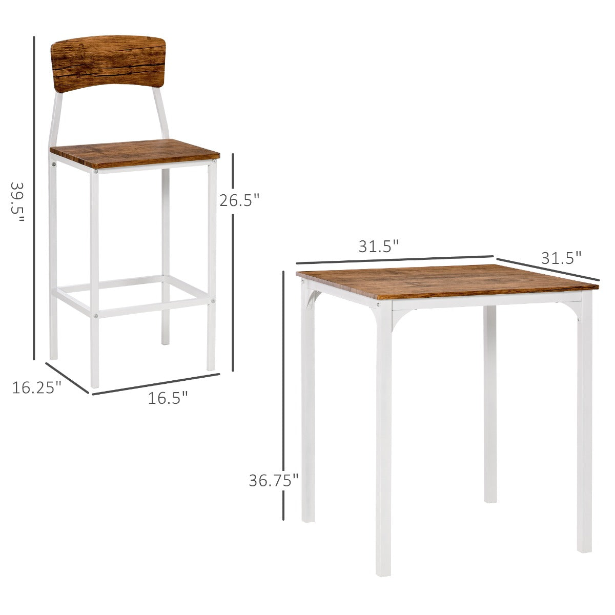 3-Piece Industrial Counter Height Dining Table Set - White