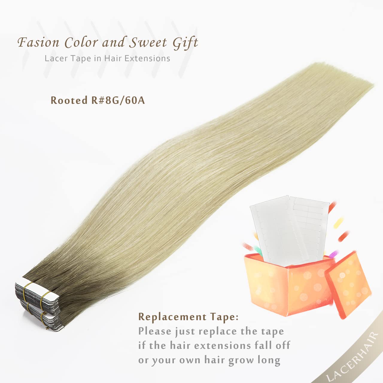 Lacerhair Rooted Tape in Hair Extensions Human Hair Seamless Skin Weft Real Remy Invisible Natural Hair #8G/60A Double Sided Light Platinum Blond with Light Ash Brown Roots 22" 50g