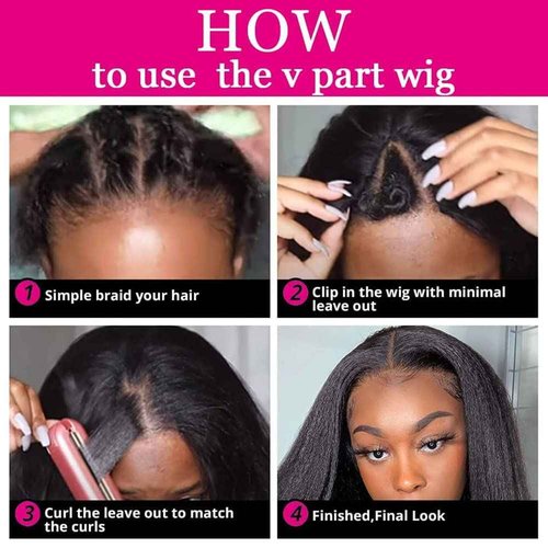 V Part Wig Human Hair Kinky Straight V Part Human Hair Wig for Black Women 180% Density Upgrade U Part Human hair wig Glueless V Shape Wig Yaki Straight Human Hair Wig Beginner Friendly 20 Inch