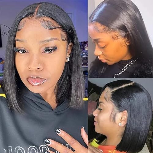 Bob Wig Human Hair 16 Inch 13x4 HD Frontal Bob Wigs Human Hair Pre Plucked with Baby Hair Straight Wigs for Black Women 180% Density Natural Black Wig