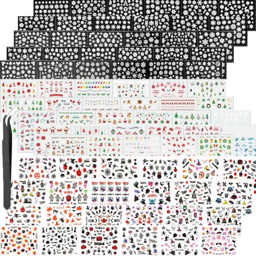 5000Pcs Holiday Nail Art Stickers, Halloween & Christmas Nail Decals 3D Self-Adhesive Santa Claus Snowflake Elk for Xmas Pumpkin Design Sticker for Women Girls DIY Nail Art Decorations
