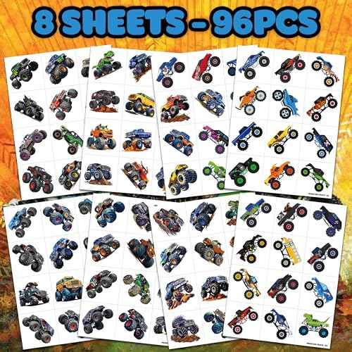 96 PCS Monster Truck Race Car Pre-Cut Temporary Tattoos for Kids | Super Cute Themed Birthday Party Favors, Supplies, Decorations, Fake Tattoo Stickers, Rewards & Gifts for Boys Girls