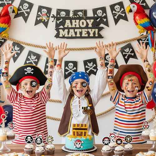 96 PCS Pirate Pre-Cut Temporary Tattoos for Kids, Pirate Ship Nautical Themed Tattoos for Birthday Party Decorations Favors Cute Mermaid Treasure Tattoo Stickers for Kids Boys Girls Party Bag Filler