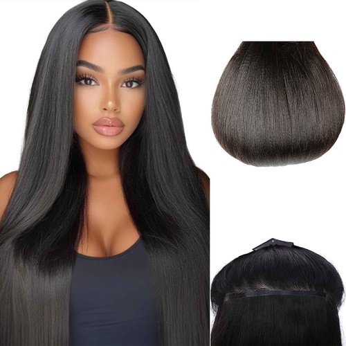 Essent Seamless Light Yaki Straight Clip in Hair Extensions Seamless Real Human Hair, 16 Inch 1Pack 130g 7Pcs Human Hair Extensions for Women Natural Black