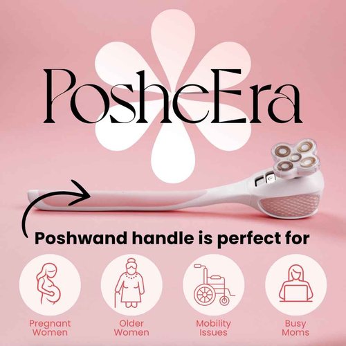 PosheEra Self-Care Shave Kit | Friction-Fit Handle for Easy Reach & Comfort | 3 & 5 Petal Shave Heads | USB Charging | Smooth