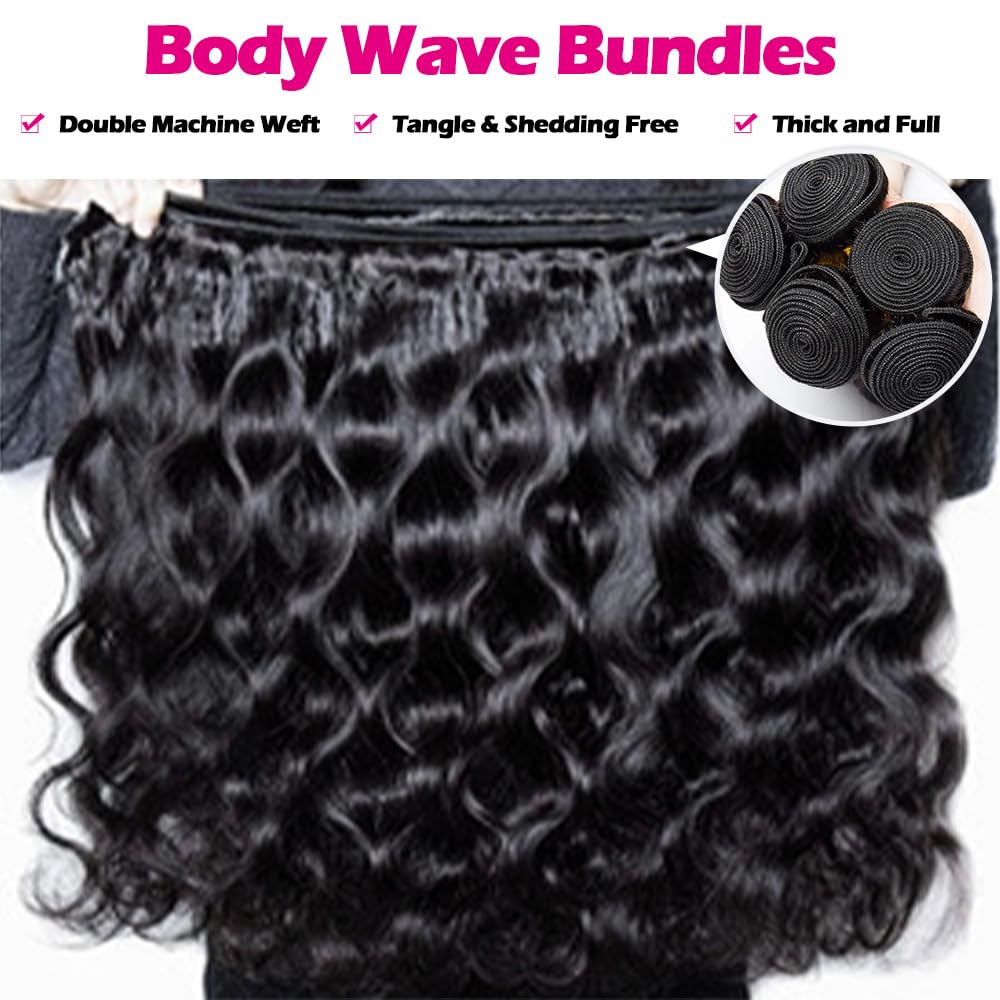 12A Human Hair Bundles with Closure 18 20 22 with 16 Inch Brazilian Body Wave 3 Bundles Human Hair with 4x4 HD Lace Closure 100% Unprocessed Virgin Human Hair Weave