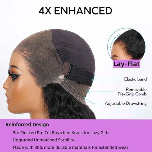 Hidden Strap 360 Skinlike HD Lace Front Wigs Human Hair Water Wave Glueless Wigs Pre Plucked Pre Cut Bleached Tiny Knots 220 Density Full Lace Frontal Wig with Invisible Drawstring Sung Fit 20inch