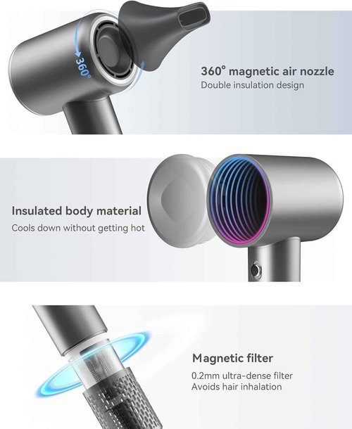 Yinole Hair Dryer Ionic Blow Dryer with Diffuser for Curly Hair, 1500W High-Speed Brushless Corded with 150,000 RPM, Fast Drying Low Noise Thermo-Control Hairdryer with Nozzle for Home Travel