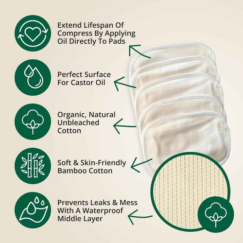 Castor Oil Pack - 8 Piece Complete Kit. Includes 16oz Glass Bottle of Organic Castor Oil, Easy to use Organic Cotton Compress with Adjustable Fit, 5 Soft Cotton Pads & Soothing Heat Pack..