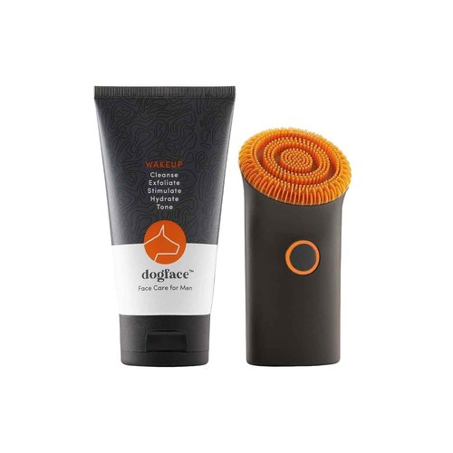 Dogface Essentials Kit Plus Technobrush & Wakeup Gel Cleanser Men’s Red Light Electric Facial Brush with Silicone Bristles to Exfoliate, Cleanse, Hydrate & Tone Skin Daily – Free Shower Caddy 5.3oz
