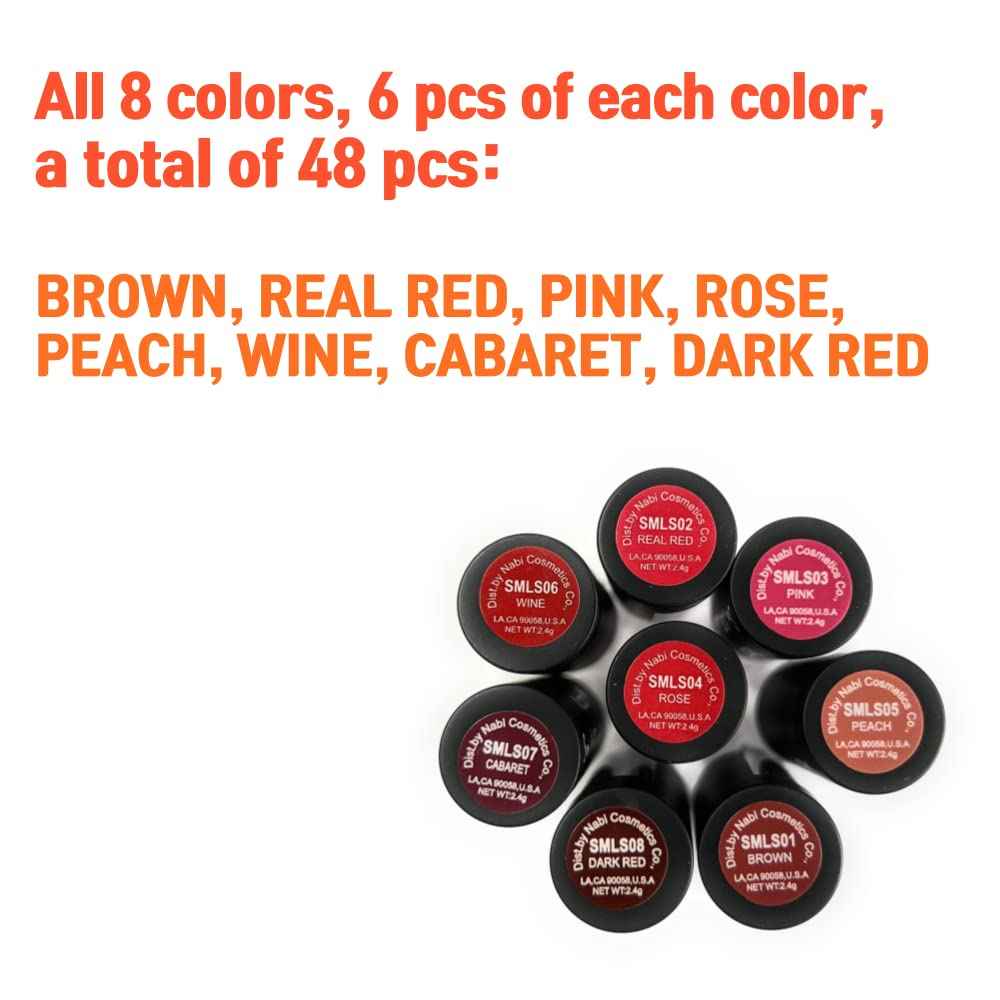 48 pcs 8 Colors Nabi Semi Matte Lipstick, Smooth Application and Won’t Dry Out Lips, Included Display Box (Wholesale Lot)