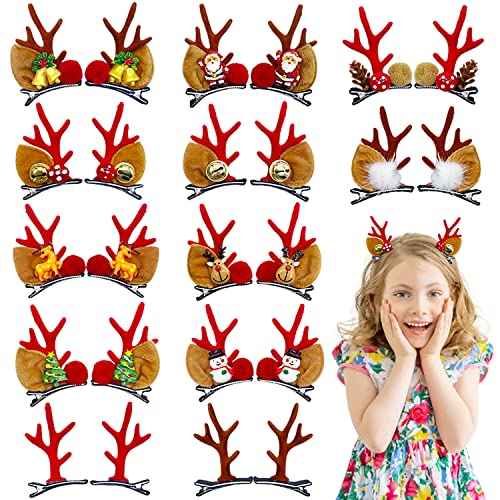 12 Pairs Reindeer Hair Clips, Deer Horn Barrettes for Women & Girls - Christmas Hair Accessories