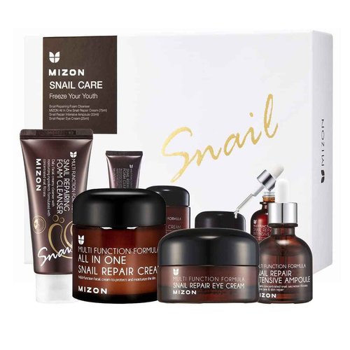 MIZON Full Korean Skincare Set Allin1 Snail Repair Cream Snail Repair Intensive Ampoule Snail Repairing Foam Cleanser and Snail Repair Eye Cream Stocking Stuffers Chirstmas Gift