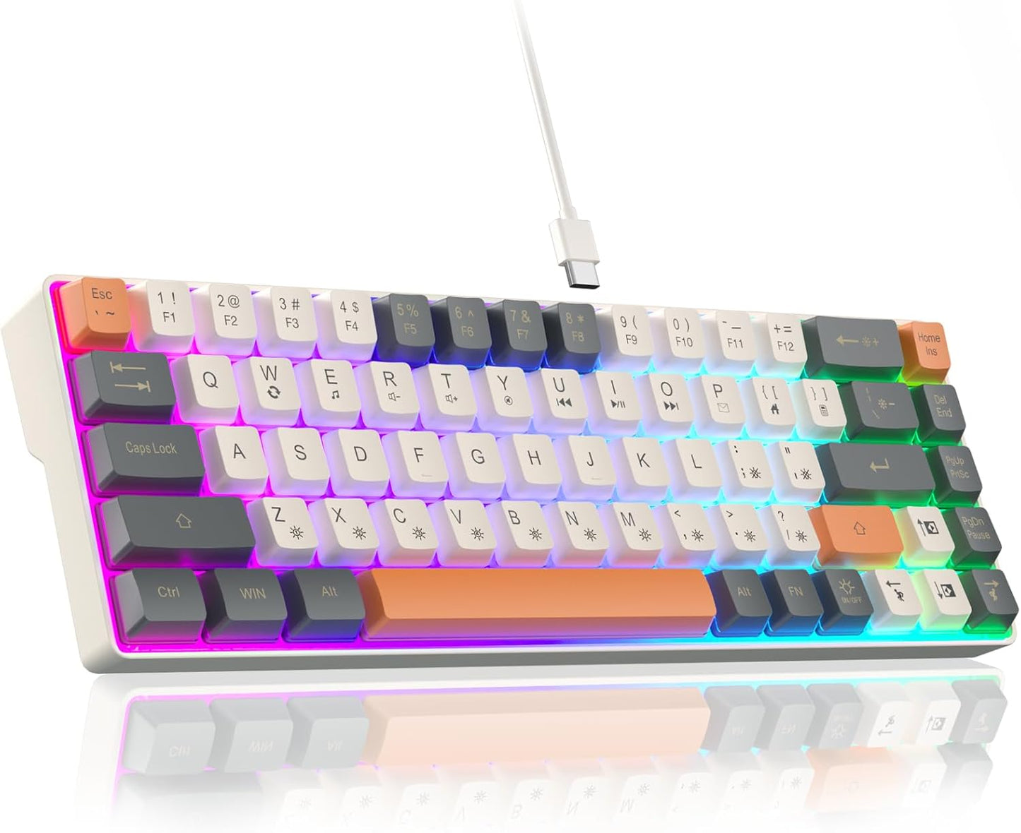 60% Gaming Keyboard,Small Keyboard USB-C Wired,Compact Mini Teclado Gamer,68 Keys RGB Backlit Portable Membrane Keyboards for Business Trips,Office,PC Games (SK968,White)
