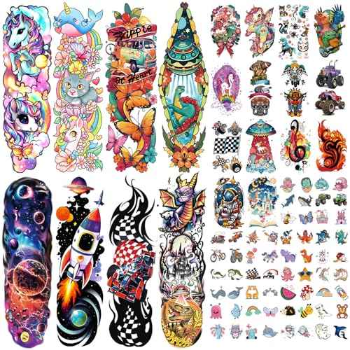 52 Pcs Temporary Tattoo for Kids Full Arm Castle Butterfly Cat Truck Dinosaur Rocket Planet Cute Animal Body Face Fake Arm Tattoos for Girls Boys Tiny Tattoo Stickers Birthday Gifts Party Supplies