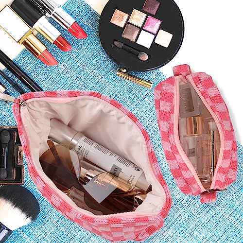 Makeup Bags Checkered Cosmetic Bag- 2PCS Travel Toiletry Bag Aesthetic Portable Accessories Pouch Preppy Pencil Checkered Pencil Pouch Case Cute Brushes Storage Bag for Women - Pink