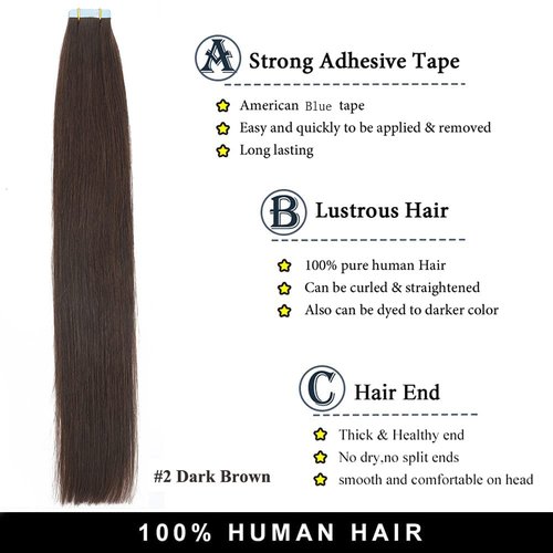 Amella Hair Tape in Hair Extensions Human Hair 100% Remy Human Hair Darkest Brown 40g/pack 20pcs Straight Seamless Skin Weft Tape in Human Hair Extensions (24 inches #2 Darkest Brown)