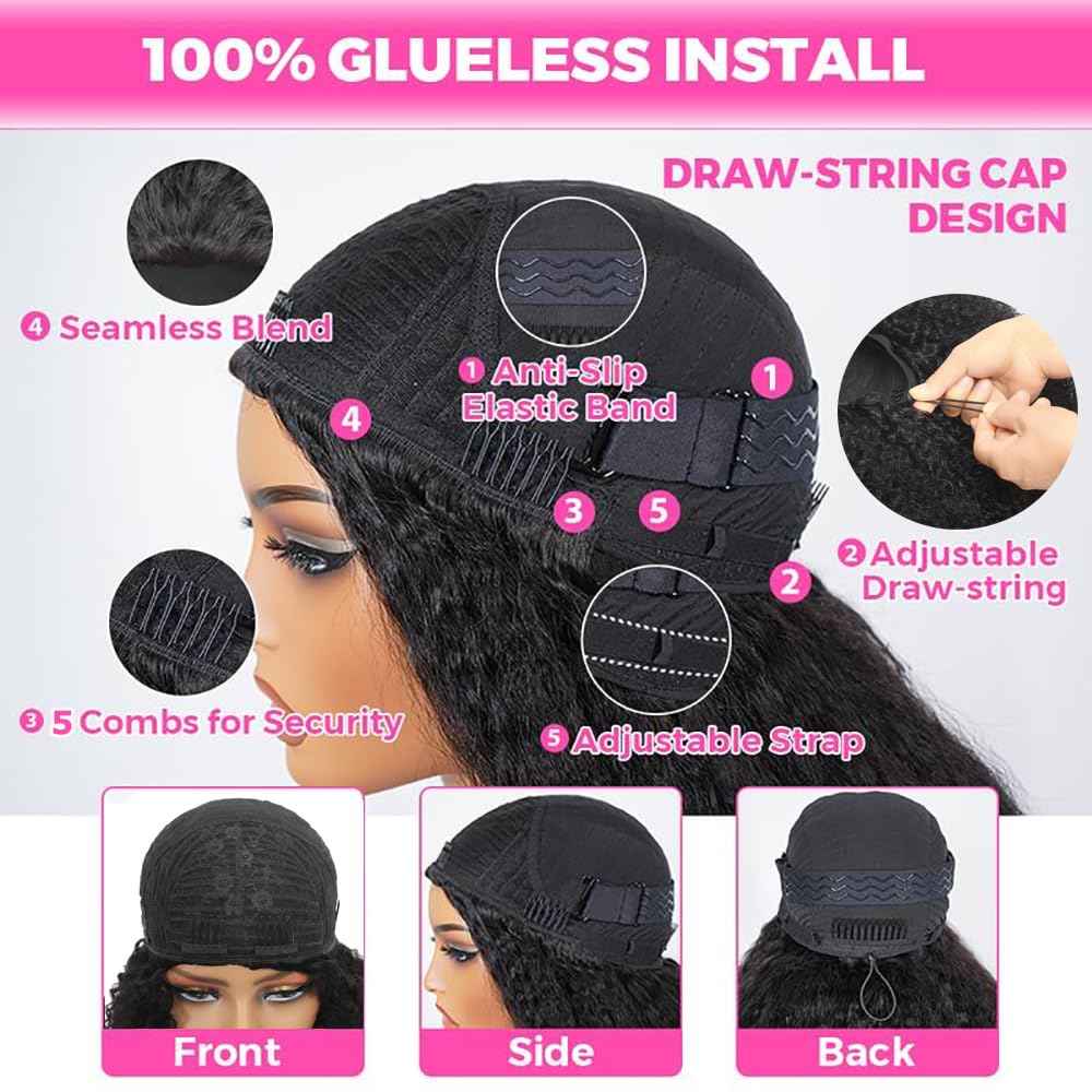 Kinky Curly Half Wig Human Hair 200% Density 3 In 1 Seamless Clip Ins Flip Over Half Wig Wear and Go Glueless Wigs Human Hair for Women Drawstring Headband Wig Beginner Friendly (Black, 20 Inch)