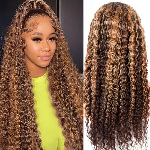 13x6 Highlight Ombre Lace Front Wig Human Hair HD Glueless Deep Wave Wig Honey Blonde 4/27 Pre Plucked Wet and Wavy Curly Wig for Women Long Natural Soft Human Hair Wigs18 Inch