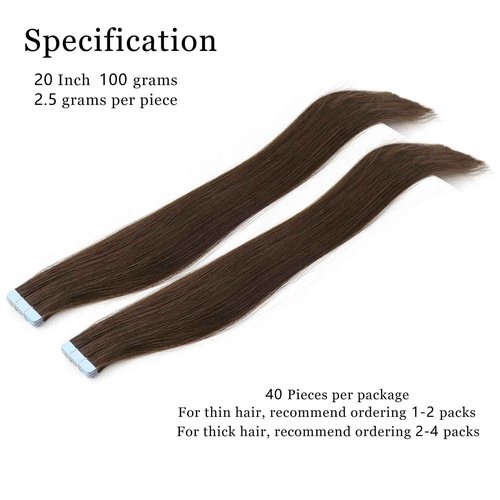 VADES Tape In Hair Extensions Remy Human Hair #2 Chocolate Brown Tape Hair Extensions Real Human Hair 20 Inch Invisible Seamless Skin Weft Extensions 100 Grams 40 Pieces