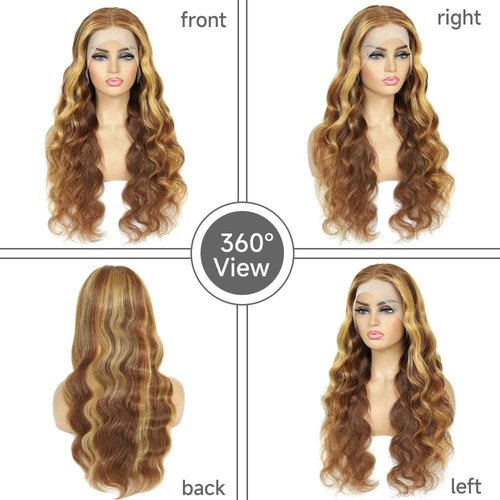 KeaBalo 28 Inch Highlight Ombre Lace Front Wig Human Hair Pre Plucked Body Wave Frontal Wigs 180% Density 4/27 Colored 13x4 Honey Blonde Lace Front Wig Human Hair for Women