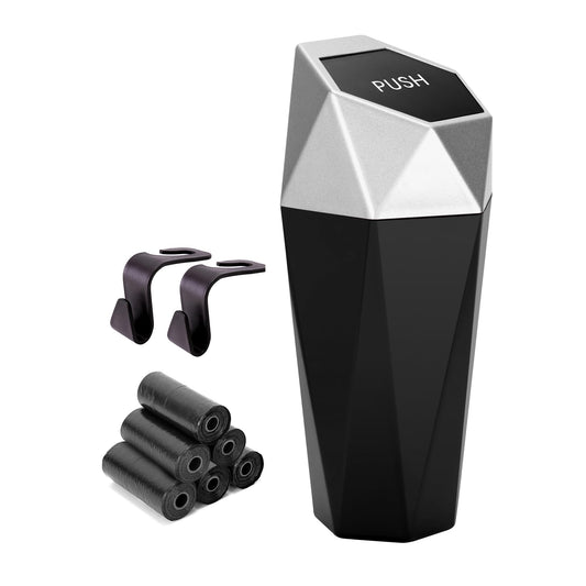 Ginsco Car Trash Can Cup Holder, Mini Car Trash Can with Lid, Car Accessories for Interior, Leakproof Small Trash Cup for Car, Home with 2 ABS Hooks and 90pcs Trash Bags Silver