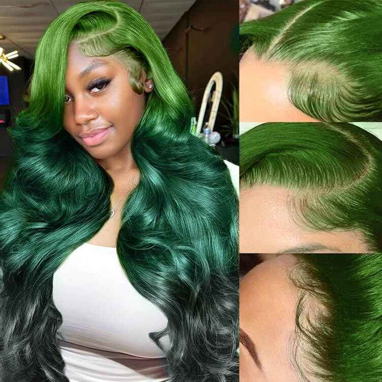 GGEDUO Green Ombre Lace Front Wig Human Hair Body Wave 13x4 HD Glueless Lace Front Wigs 3 Tone Light Green to Dark Green Colored for Fashion Women 180% Density 24 Inch