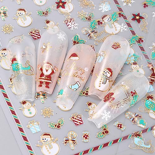 12 Sheets Christmas Nail Art Sticker 3D Self-Adhesive Nail Decals Art Design Holographic Cute Santa Claus Elk Nail Art Sticker for Women Manicure Decoration Acrylic Nails DIY Nails Art Supplies