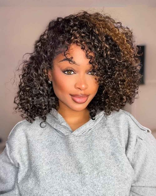 BLY Highlight Water Wave Half Wig Human Hair 3 in 1 Glueless Drawstring Flip Over Wear Go Wig for Women 1B 30 Color 180 Density Short Bob Wigs 12 Inch